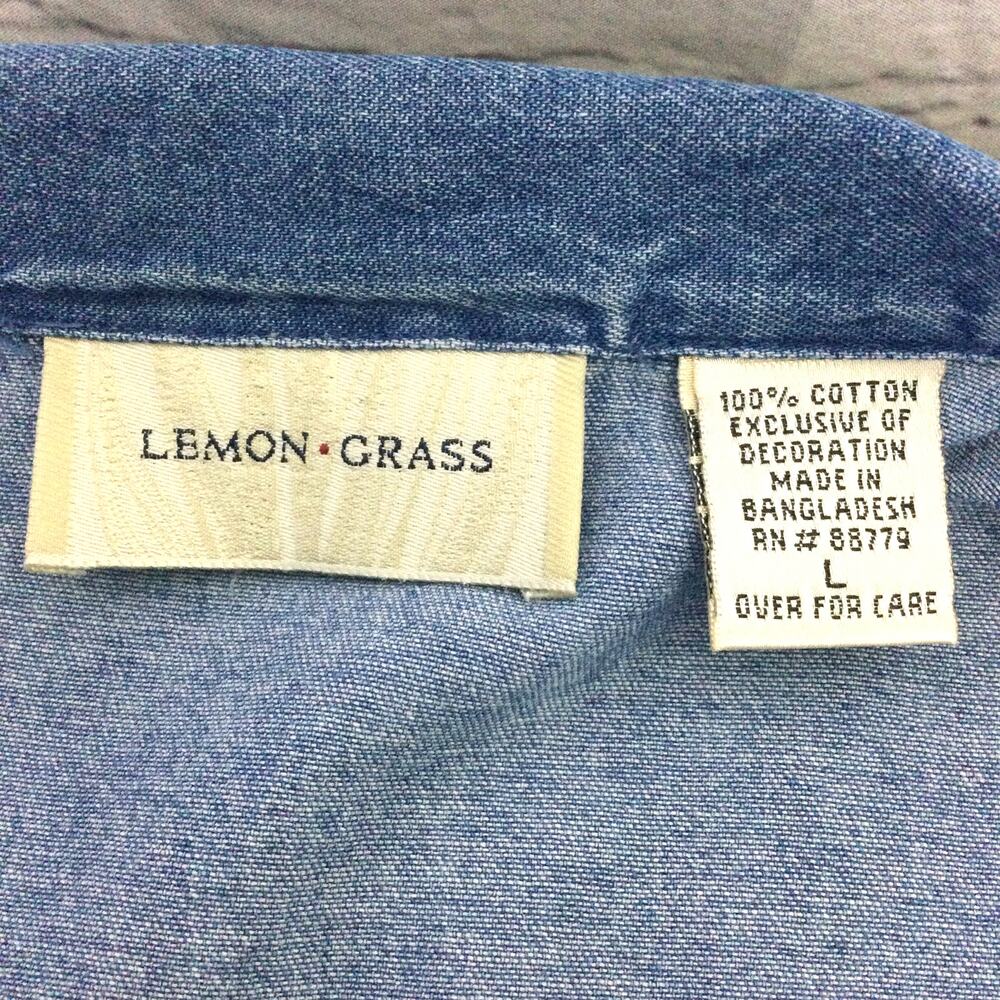 Lemon Grass VTG Chambray Farmcore Patch Short Sleeve Blue Collared Shirt Large - Picture 10 of 14